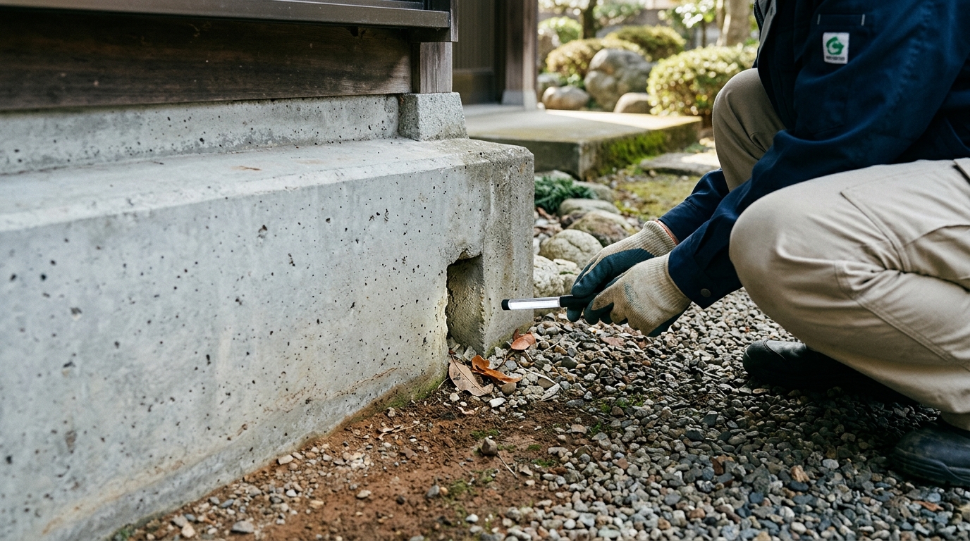 住宅の基礎コンクリート部分にある、ムカデなどの害虫が侵入しそうな細い隙間