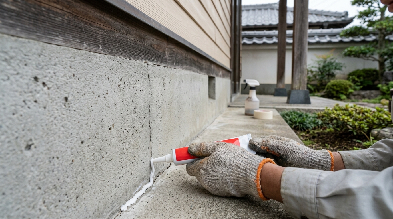 家の基礎部分にある小さな隙間をパテで埋めて、ムカデなどの侵入経路を物理的に封鎖する対策の様子