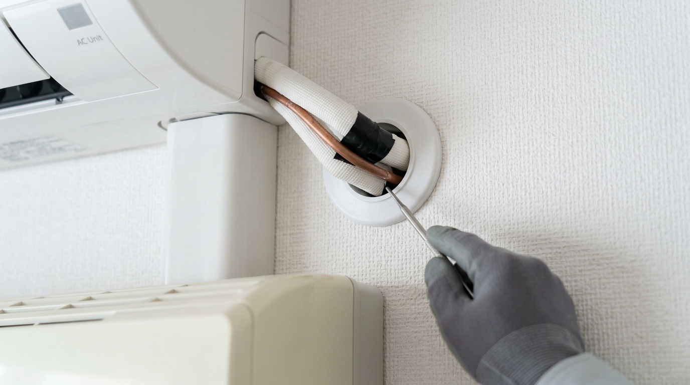 エアコンの配管と壁の間にできた、ゴキブリの侵入経路になりやすい小さな隙間の様子