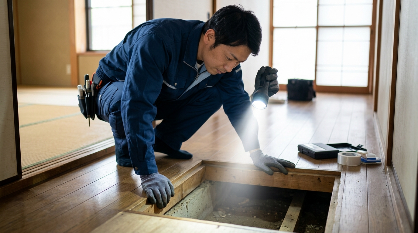 専門業者がライトを使い、戸建ての床下点検口を調査している様子
