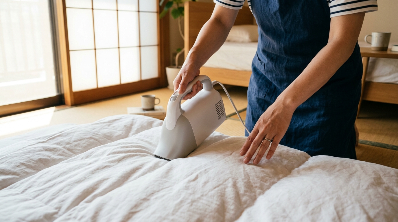 布団乾燥機や掃除機を使って、寝具を丁寧にケアしている様子