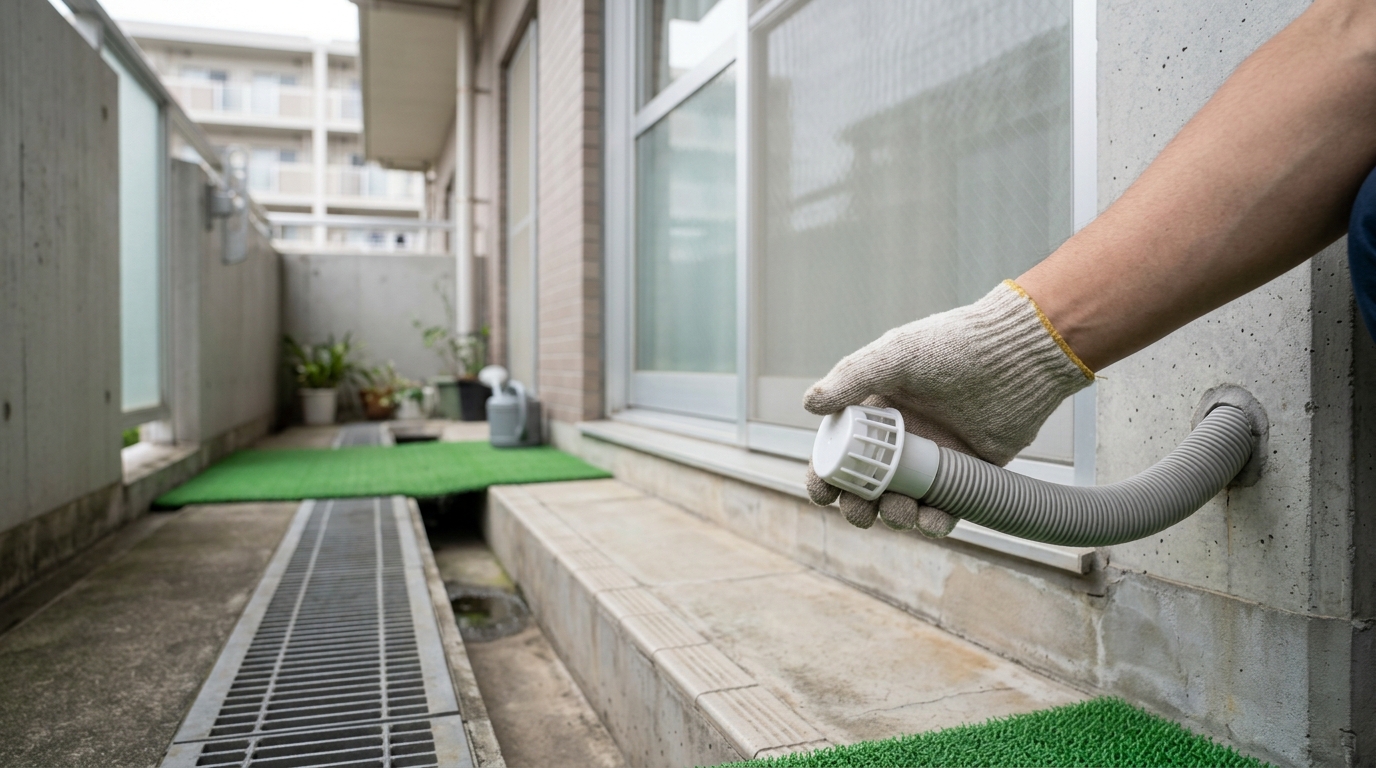 マンションのベランダでエアコンのドレンホースに防虫キャップを取り付ける様子