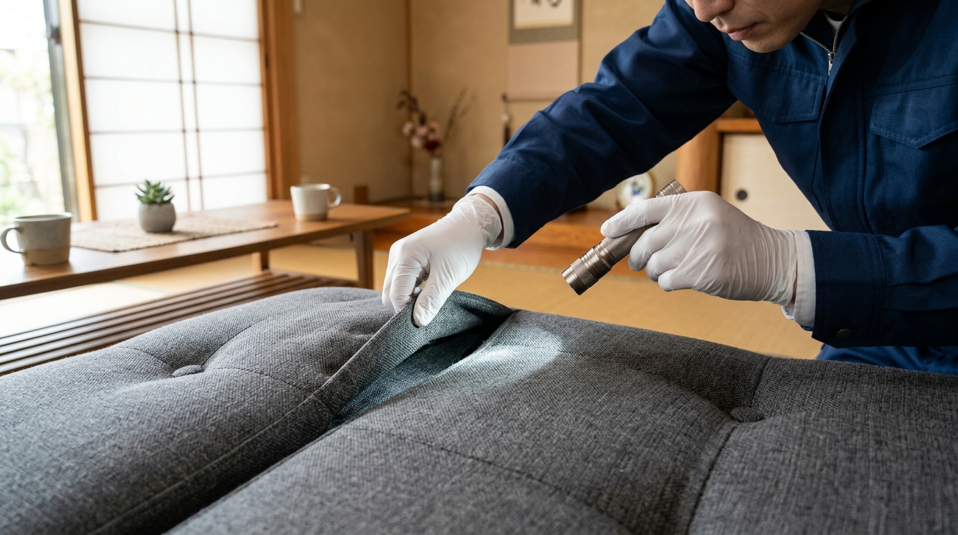 プロの業者がライトを使ってソファの隙間などダニの隠れ場所を丁寧に点検している様子
