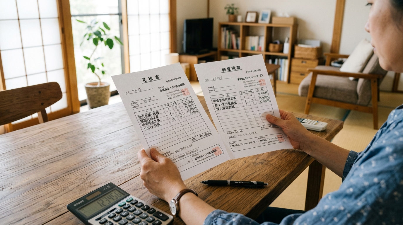 見積書を比較して、作業内容や費用を確認している様子
