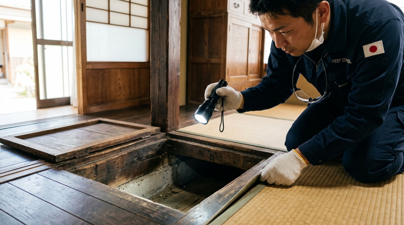 部屋の隅や床下点検口を懐中電灯で照らし、害虫が潜みやすい場所を丁寧に確認している様子