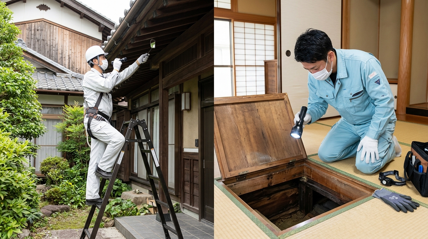 高所作業や床下点検など、害虫駆除の料金が変動する要因となる作業現場のイメージ図
