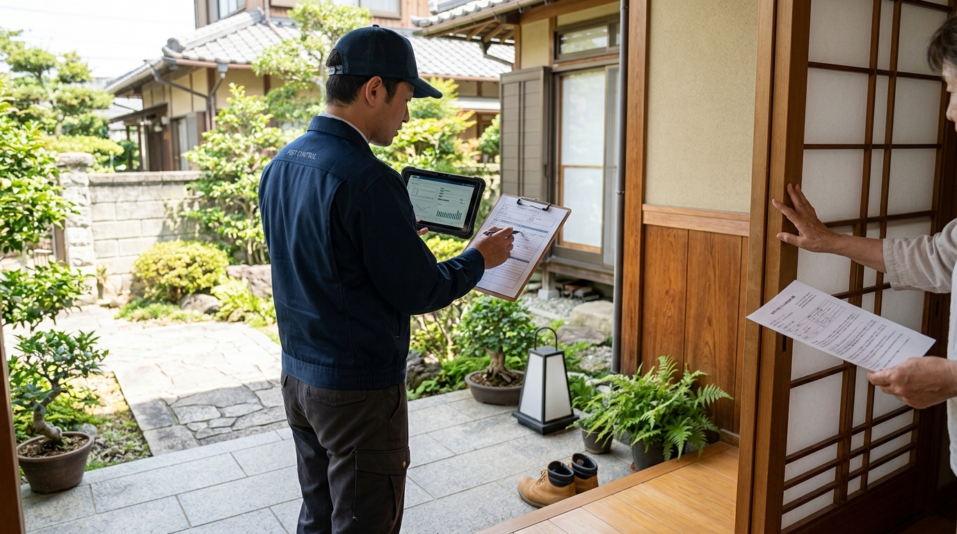 スマホで害虫駆除業者に相談し、即日訪問の可否を確認する様子