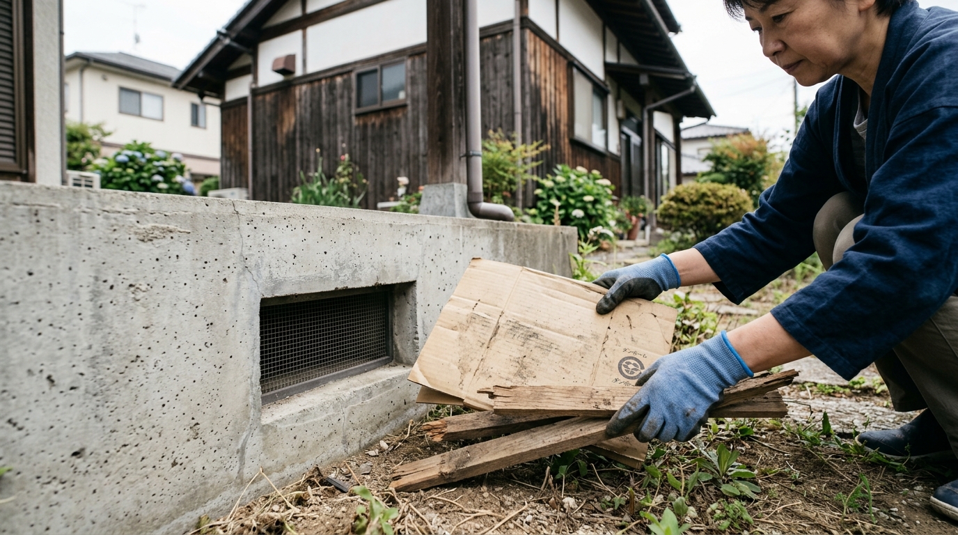 家の外周にある不要な木材や段ボールを片付け、床下換気口の風通しを確保している様子