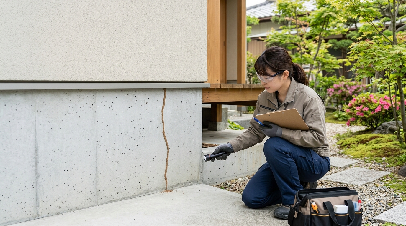 建物の基礎部分に作られた茶色の筋状の蟻道
