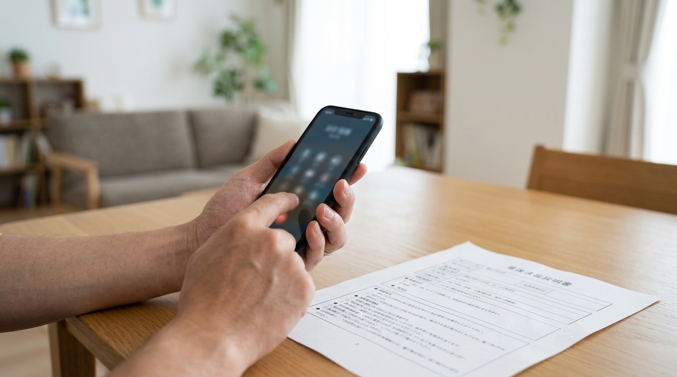 賃貸住宅の室内で、契約書を確認しながらスマートフォンで管理会社へ連絡を入れる様子のイメージ画像