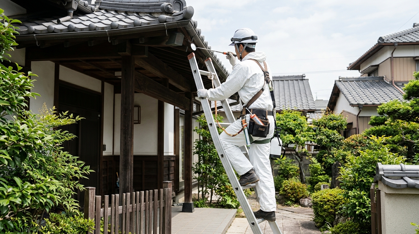 防護服を着て高い場所にあるハチの巣を調査する作業員の様子