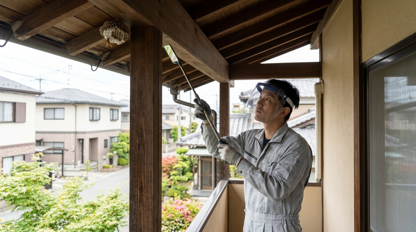 軒下に作られた数センチの小さな蜂の巣と一匹のハチ