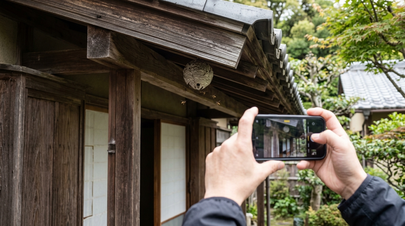 玄関の軒下にある蜂の巣と、周囲を飛ぶハチの様子をスマートフォンで記録するシーン