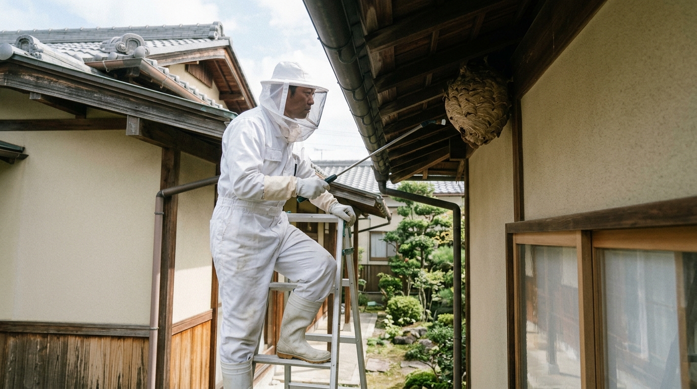 高所の蜂の巣を確認する防護服姿のスタッフ