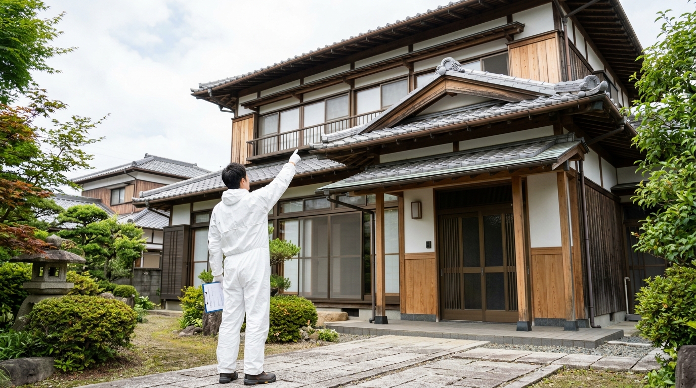 高所の軒下を確認する、白い防護服を着た専門業者の後ろ姿