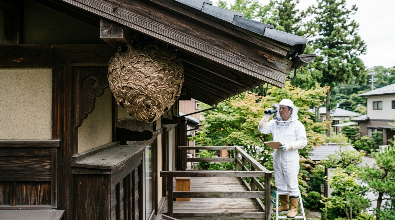 住宅の軒下に作られたボール状のスズメバチの巣