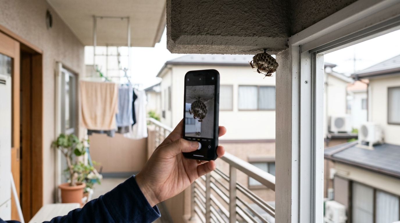 軒下の小さな蜂の巣をスマートフォンで撮影し、サイズや状態を確認している様子